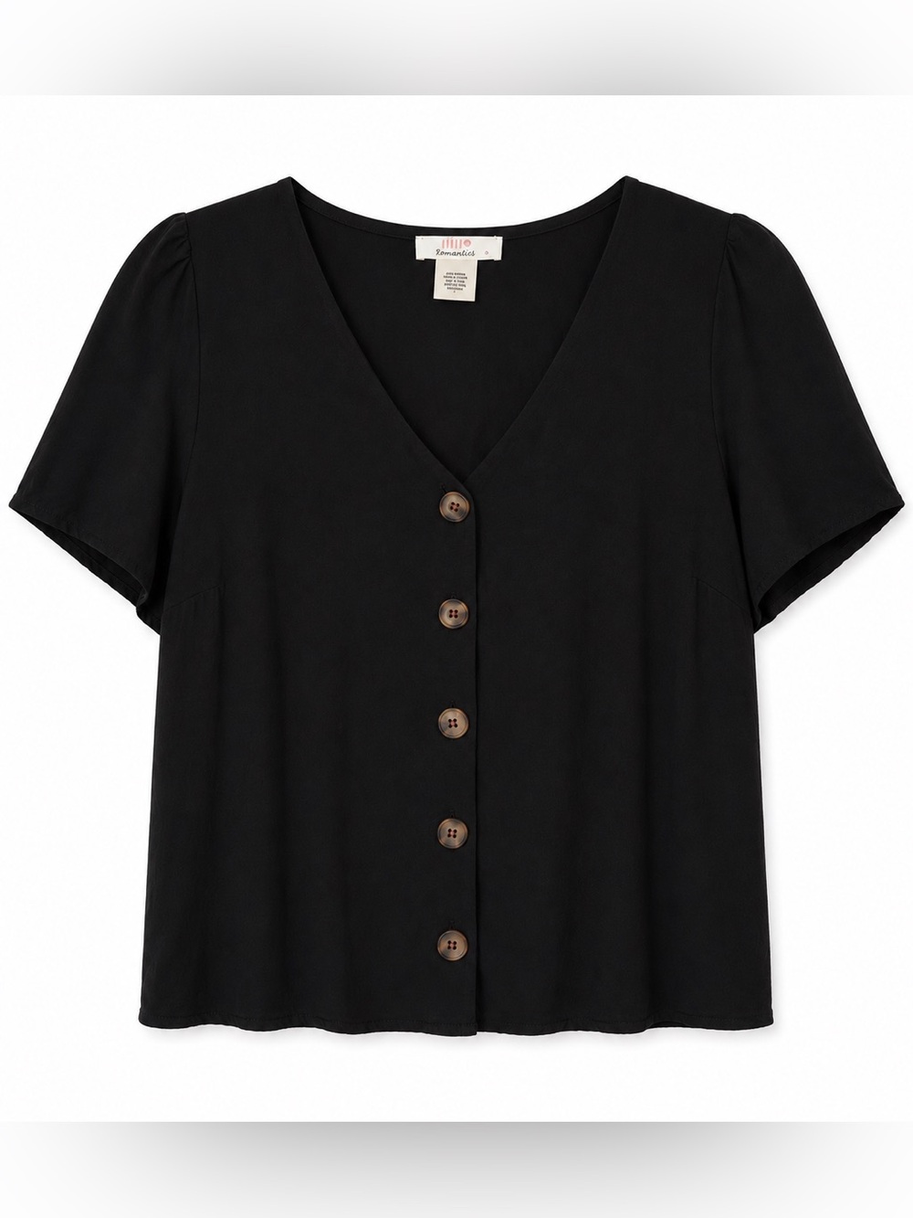 URBAN Romantics Black Short-Sleeve Button Front V-Neck Top